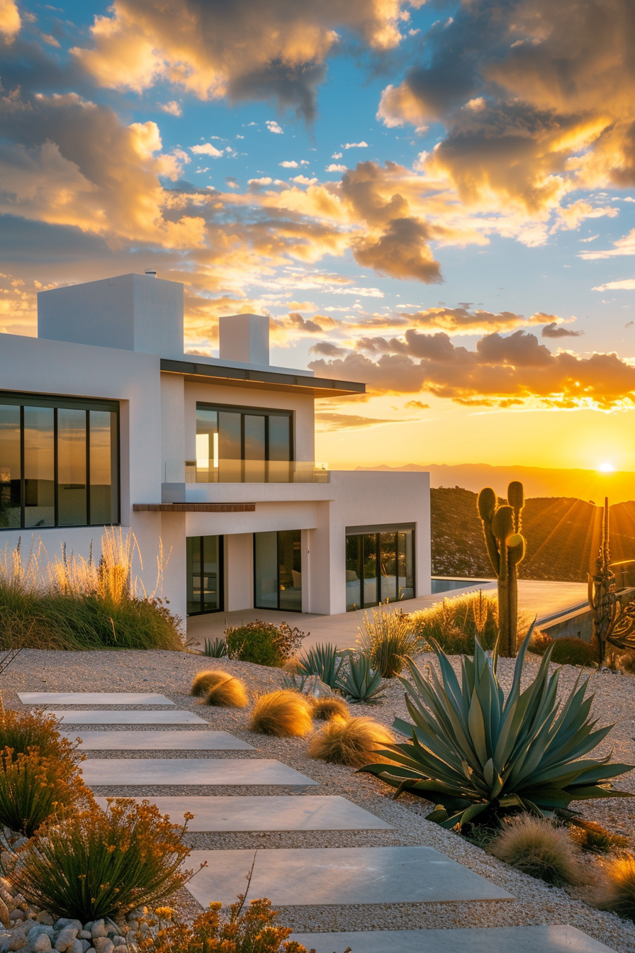 Modern white villa with large windows, desert landscaping, and a sunset sky in the background.