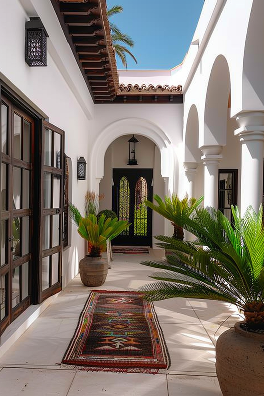 Bright sunlit corridor with arched doorways, traditional rug, potted plants, and Moorish style windows in a serene building.