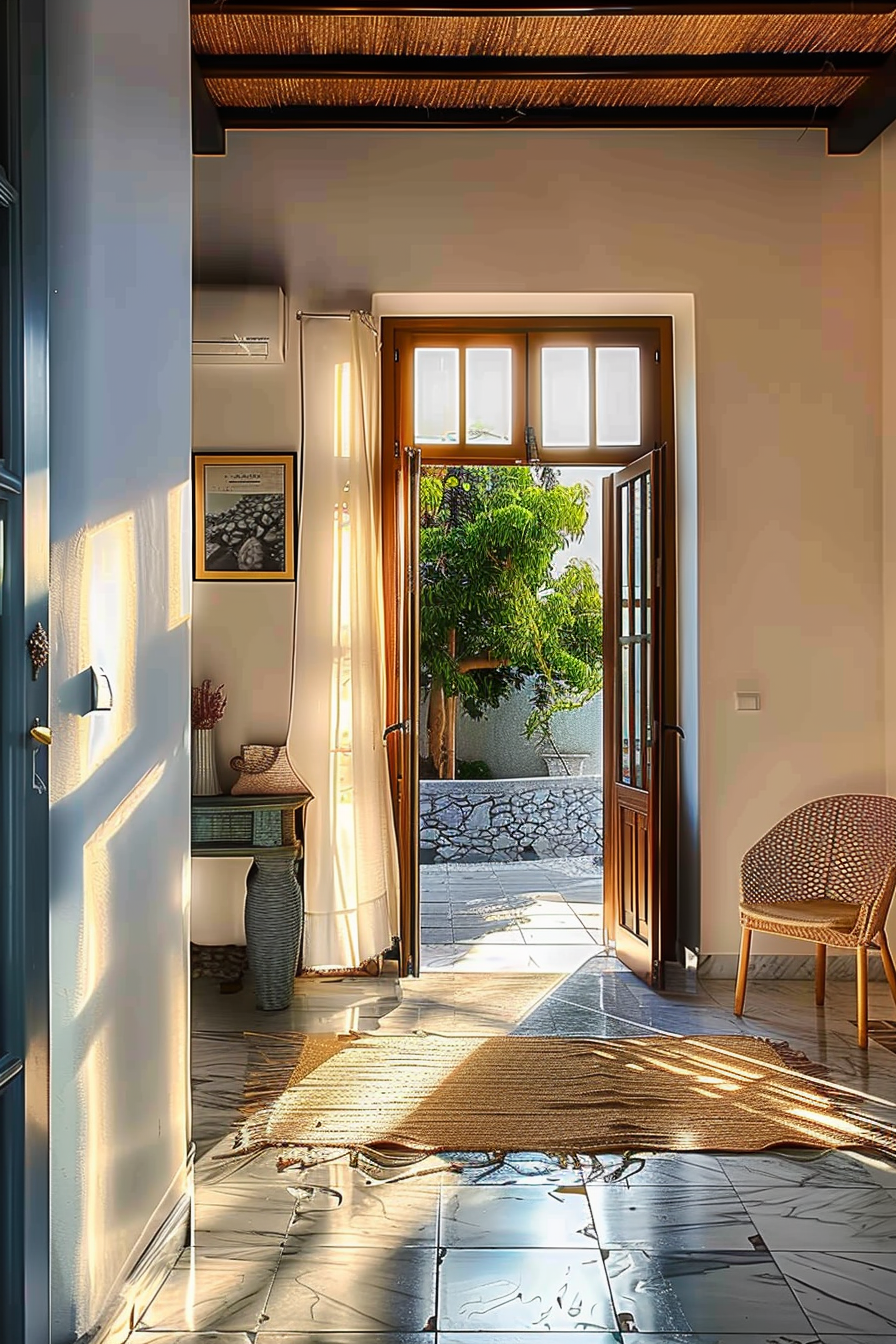 Alt text: Sunlight streams through an open door into a cozy entryway with a wicker chair and decorative table, casting warm, inviting shadows.