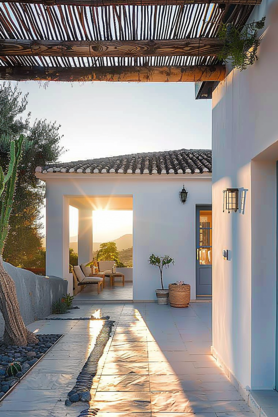 A serene patio at sunset with sunlight casting warm rays through an open archway, highlighting a cozy outdoor chair.