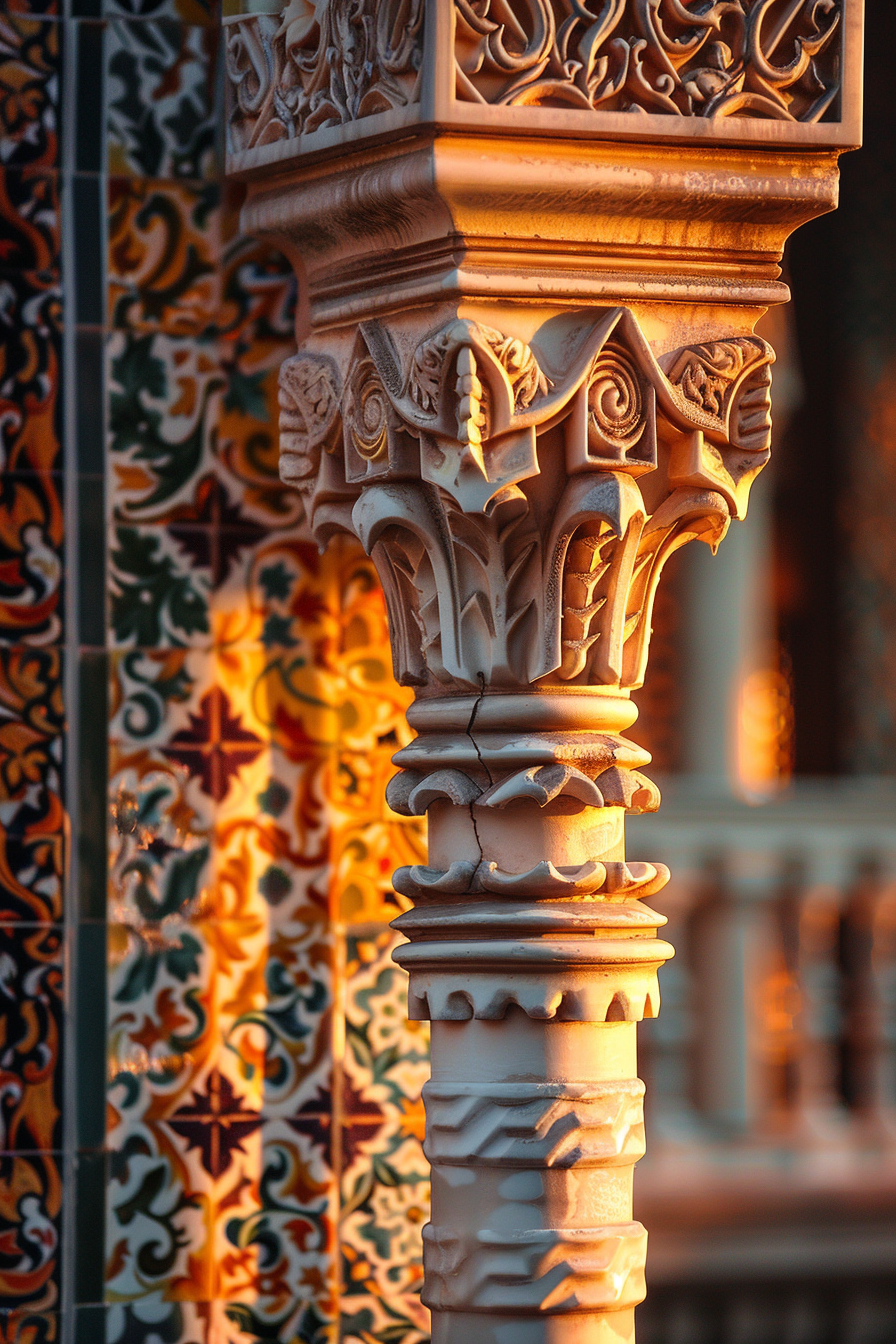 "Close-up of an ornately carved pillar with intricate details, bathed in warm sunset light, against a backdrop of colorful patterned tiles."