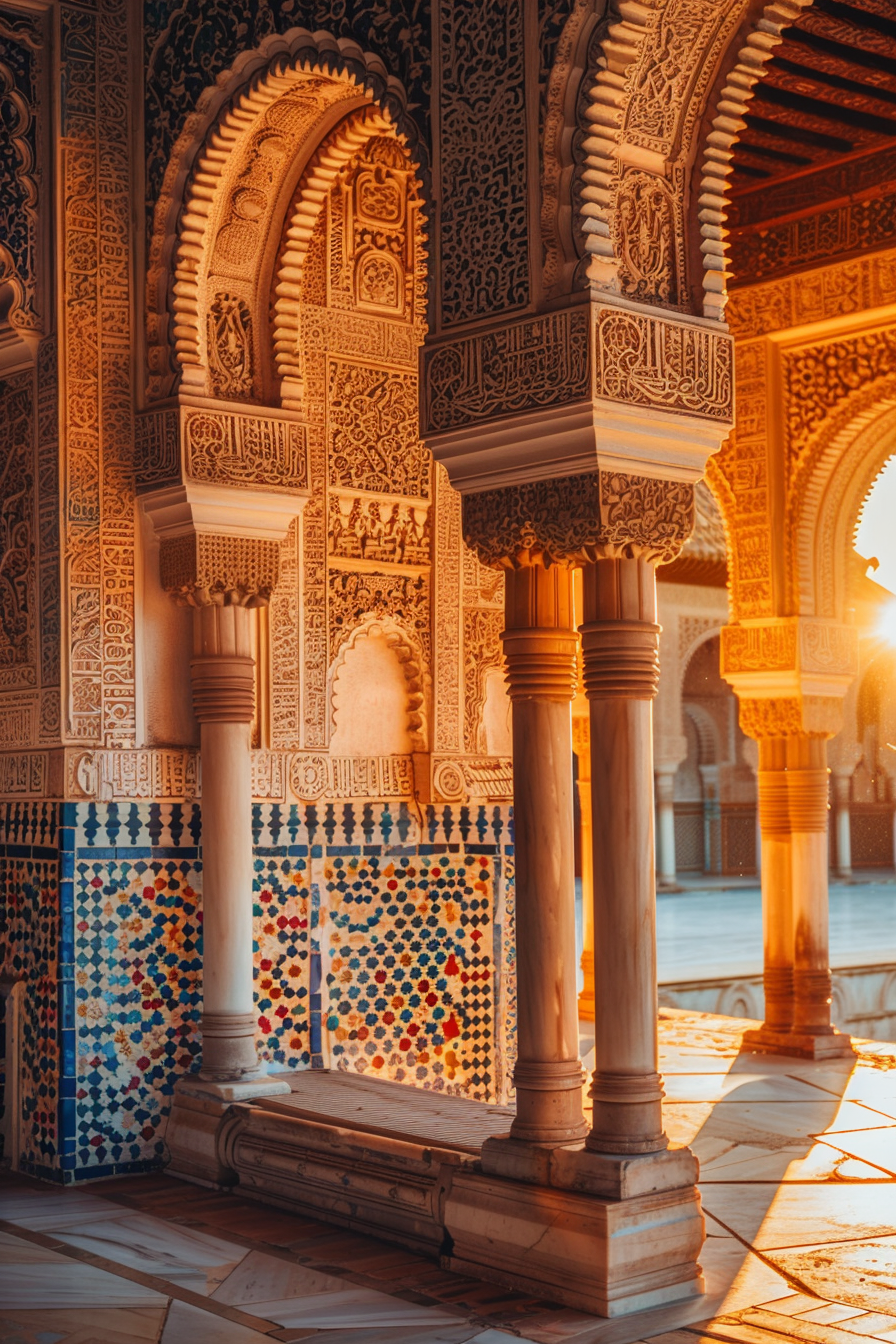 Intricate archways and columns with traditional Islamic patterns and tilework, bathed in warm sunset light.