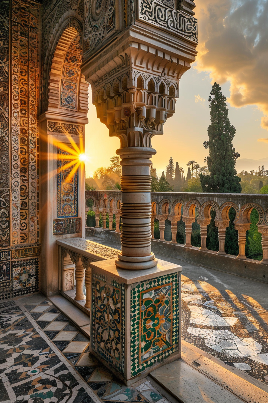 Sunset beams through an intricately carved archway in a Moorish palace, highlighting detailed mosaics and stonework.