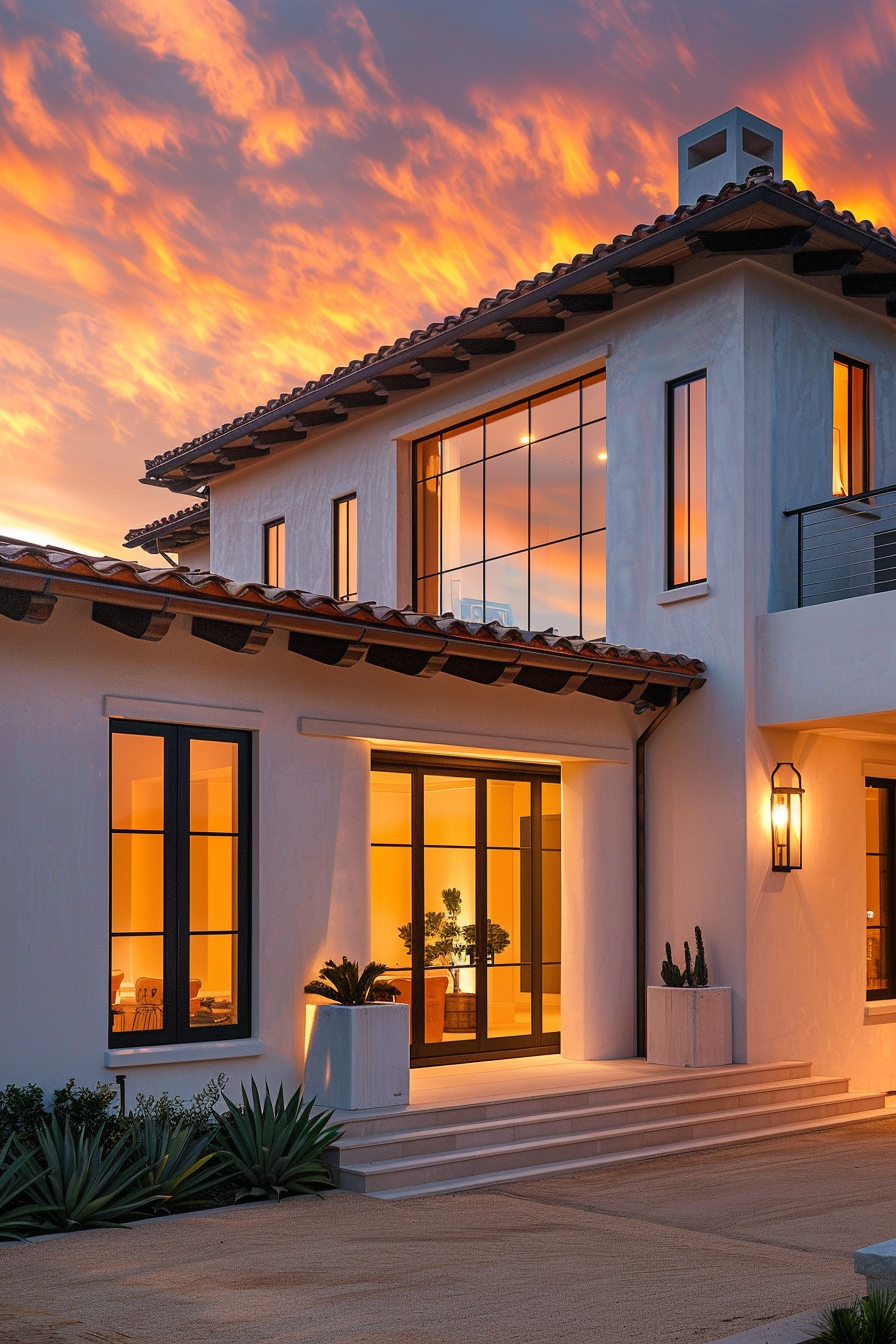A luxurious two-story house at dusk with illuminated windows and a vibrant orange cloud-filled sky in the background.