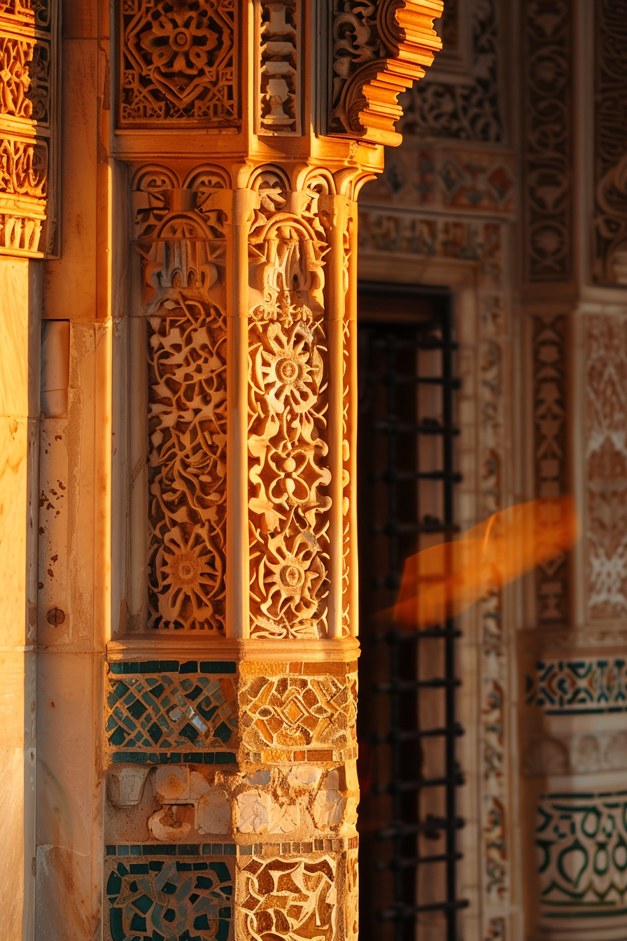 Intricately carved stone pillar with geometric and floral patterns in golden sunlight beside a window with iron bars.