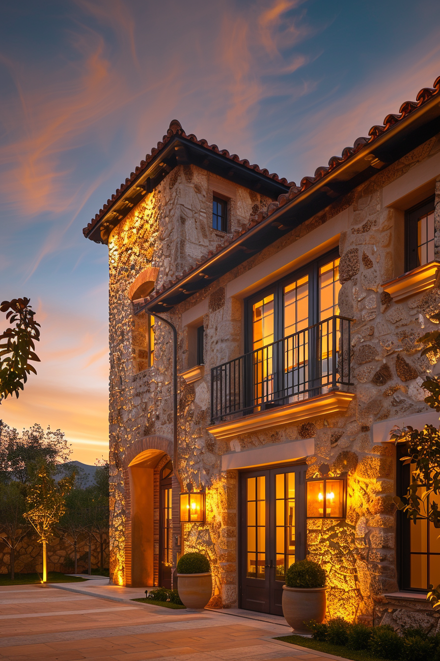 ALT: A stone facade house with warm interior lighting at dusk, featuring a tiled roof and a twilight sky backdrop.