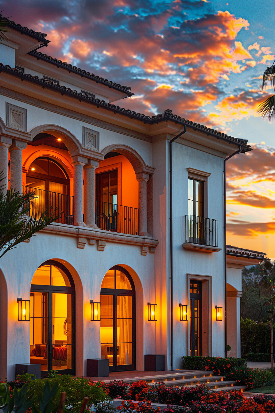 An elegant house lit up by warm interior lights, with a beautiful sunset sky in the background.