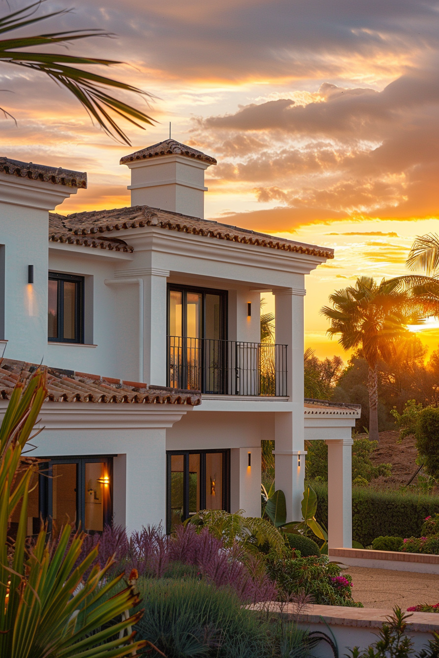 Luxurious white villa with terracotta roof at sunset, surrounded by lush gardens and palm trees.
