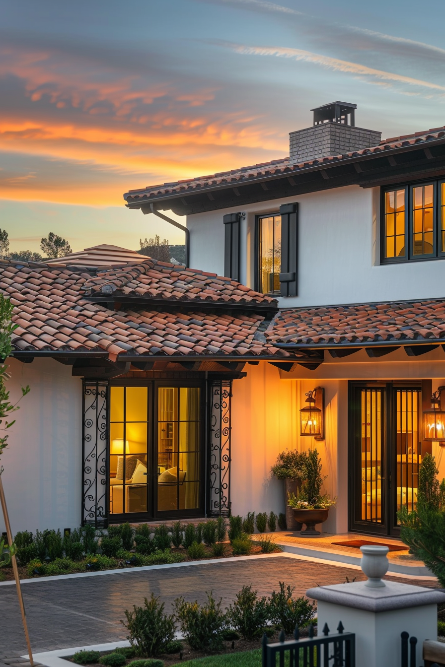 Elegant house exterior at dusk with lit interior, warm lighting, terracotta roof tiles, and a vibrant sunset sky in the background.