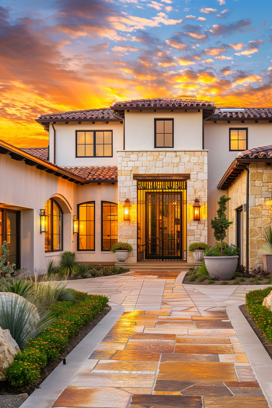 Luxurious two-story house with a stone pathway, wrought iron gate, and exterior lights at dusk under a vibrant sunset sky.
