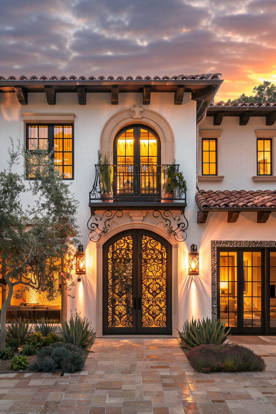 ALT text: Spanish-style villa facade at dusk with ornate iron door, balcony, warm interior lighting, tiled roof, and desert landscaping.