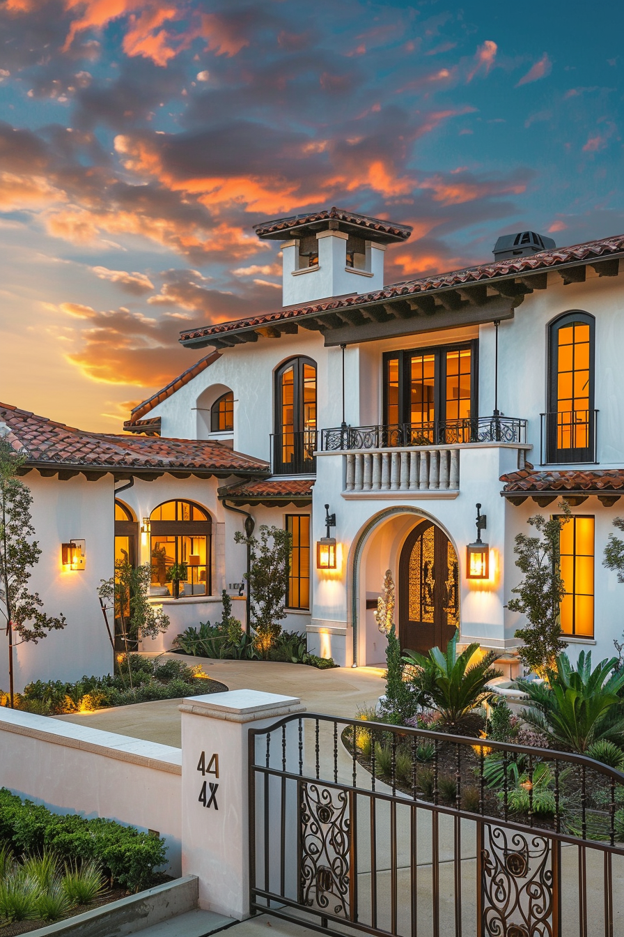 A luxurious two-story Spanish-style villa with exterior lights on, at dusk, showcasing a vibrant sunset sky.