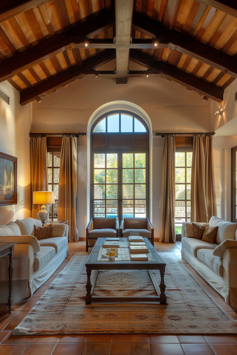 Elegant living room with exposed wooden beams, arched window, sofas, and a central coffee table.