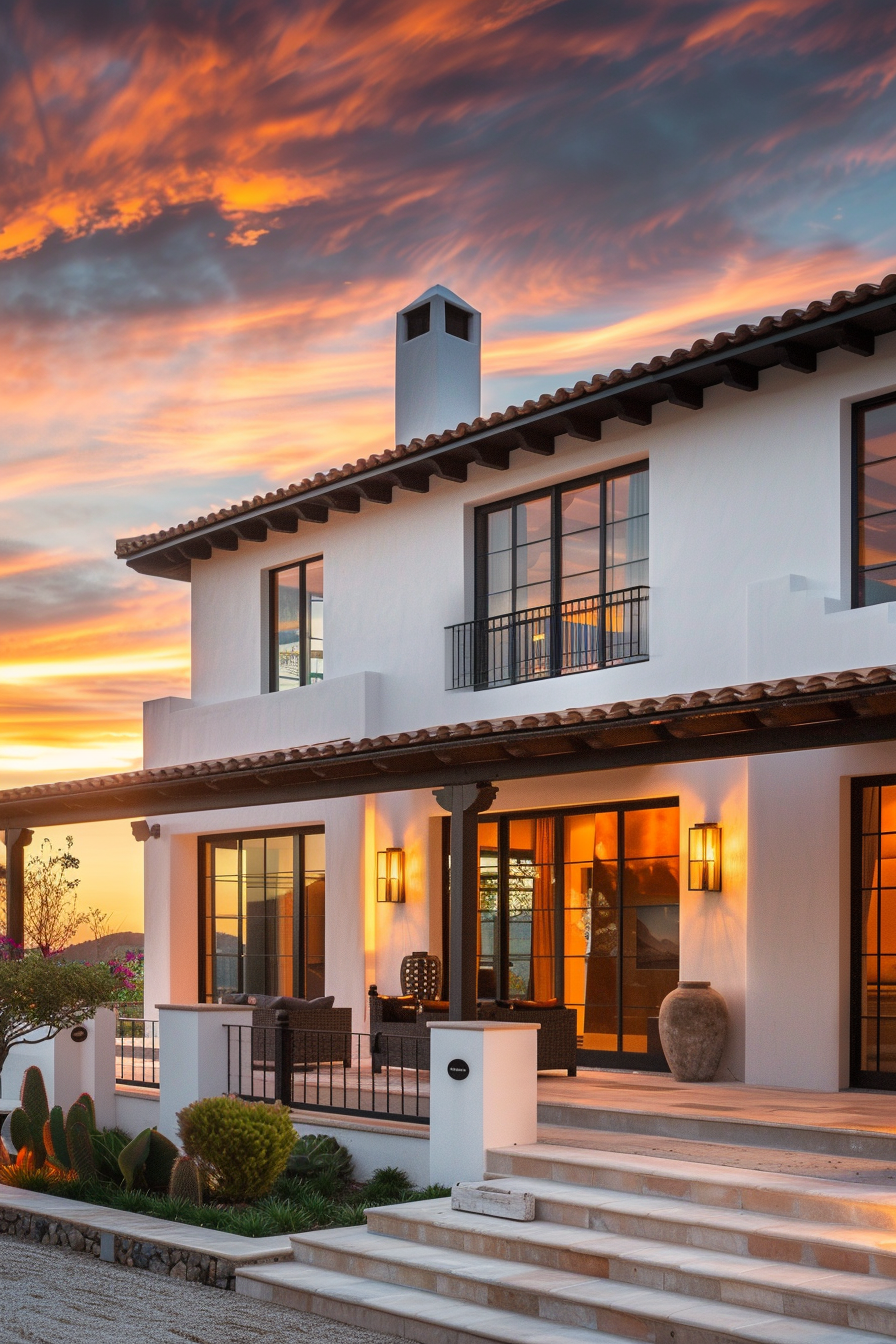 A Spanish-style home with lit interior at dusk, featuring a dramatic orange and red cloud-streaked sky.