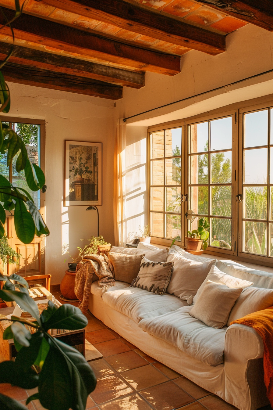 Cozy living room bathed in warm sunlight with a white couch, plants, terracotta tiles, and wooden ceiling beams.