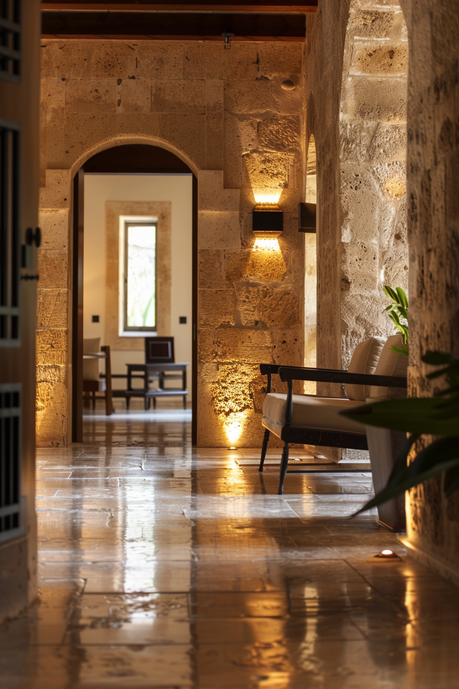 Elegant corridor with warm lighting on stone walls, polished floors reflecting the soft glow, and an inviting bench by a potted plant.