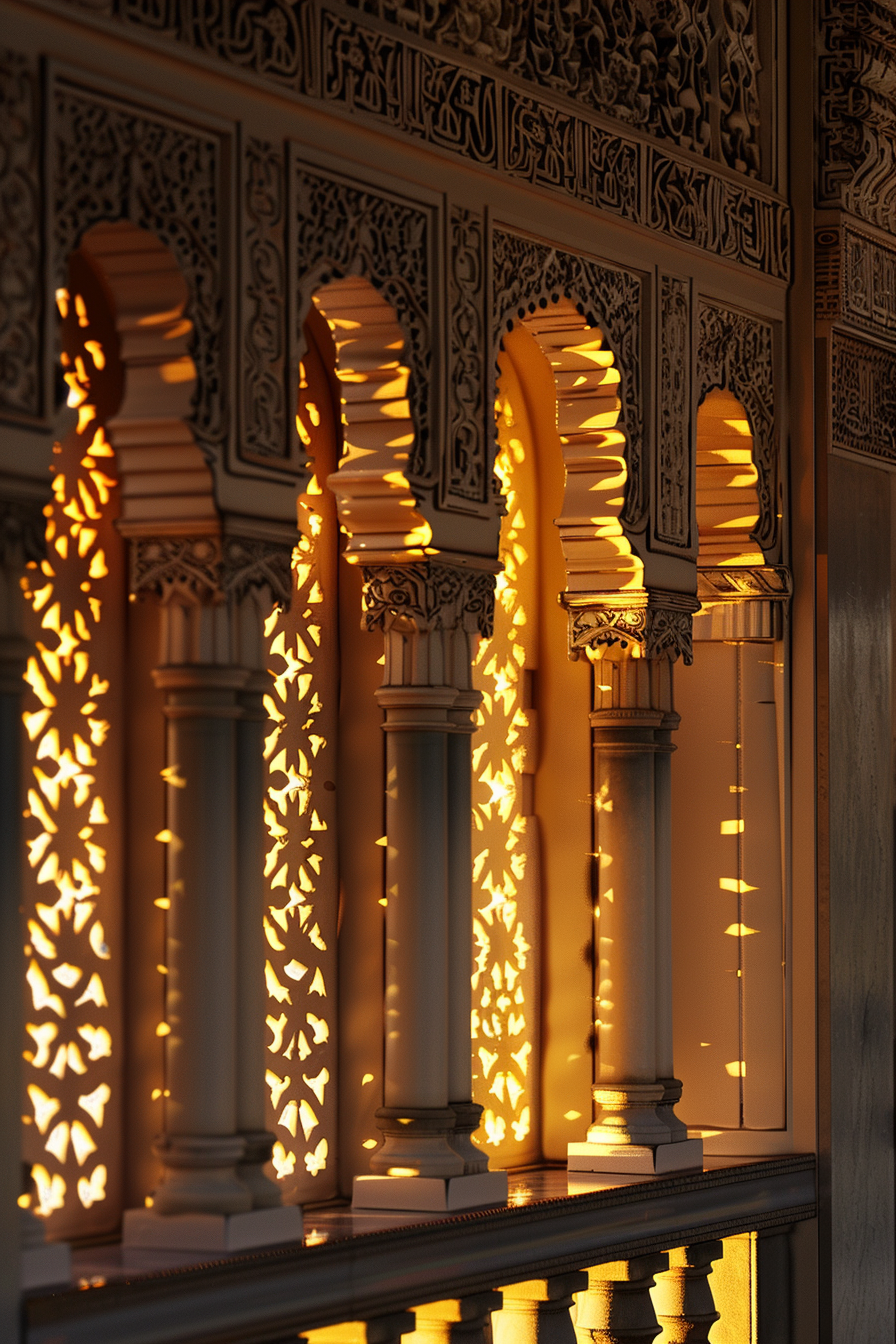 Sunlight filtering through ornate arabesque patterns on a row of columns, casting intricate shadows on the surface.