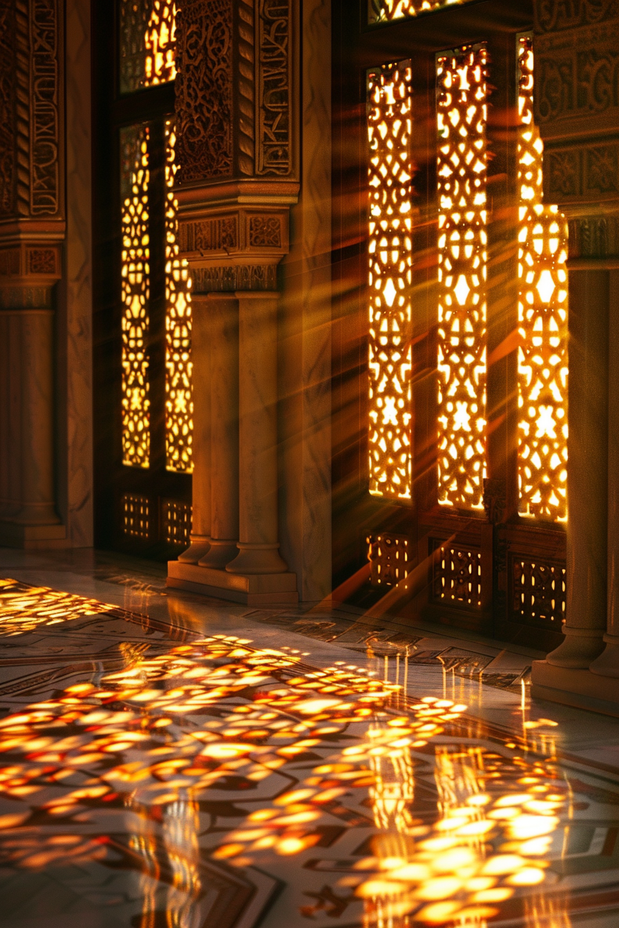 Sunlight filters through ornate lattice windows, casting intricate shadows on the floor of a peaceful, traditional interior.