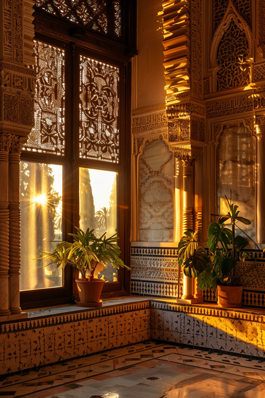 Sunlight filters through ornate lattice windows illuminating potted plants and intricate patterns in a traditional, warm interior.