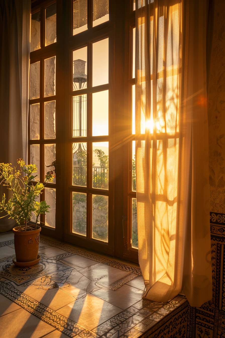 Warm sunlight streams through an open window with sheer curtains, casting a golden glow on a tiled floor and a potted plant indoors.