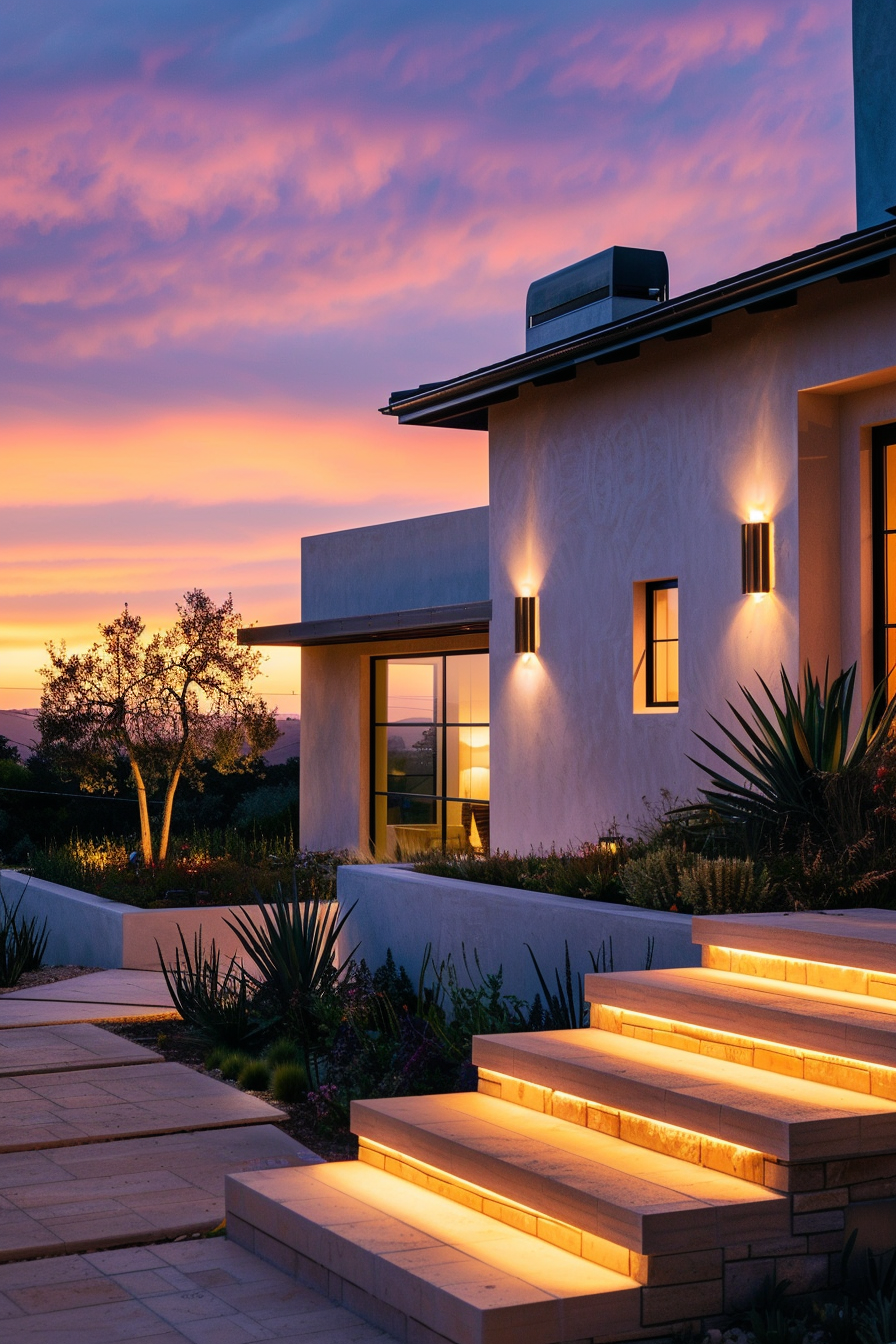 ALT: A modern house at dusk with illuminated outdoor stairs and wall-mounted lights, set against a vibrant sunset sky.