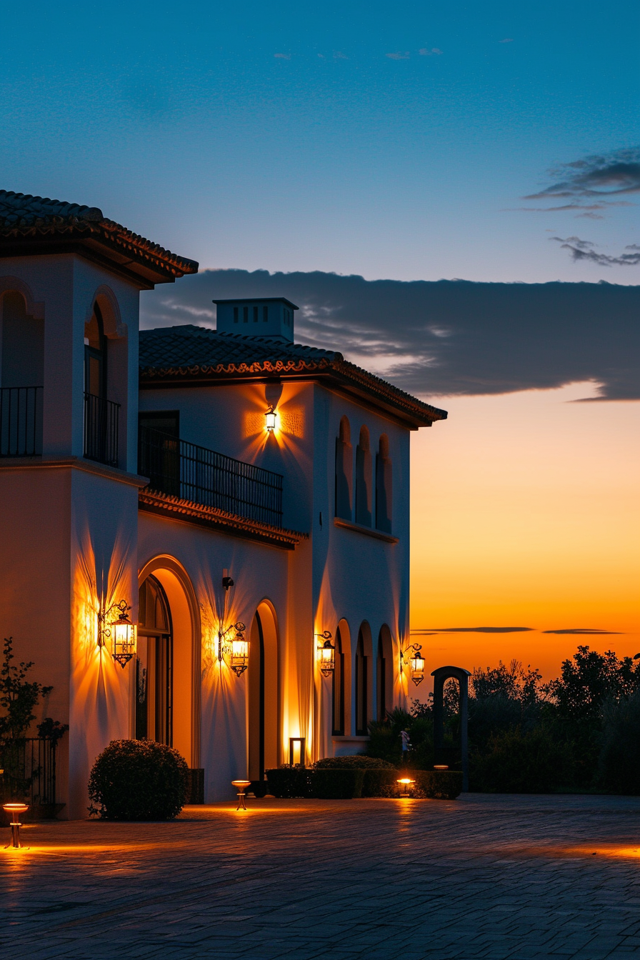 Elegant white villa with warm outdoor lighting against a sunset sky with rich orange hues.