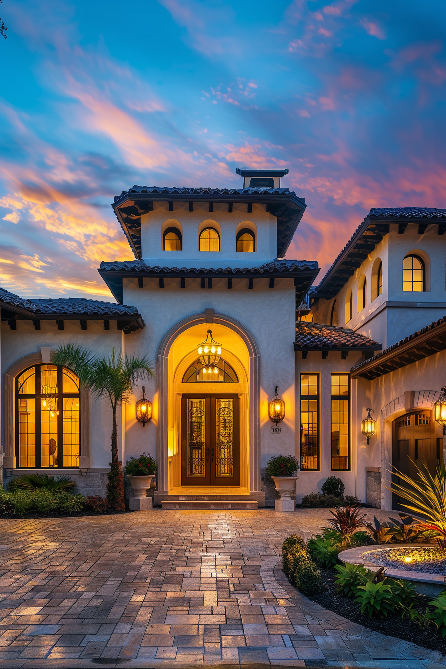 Luxurious house facade at twilight with lit entrance and a beautiful sky.