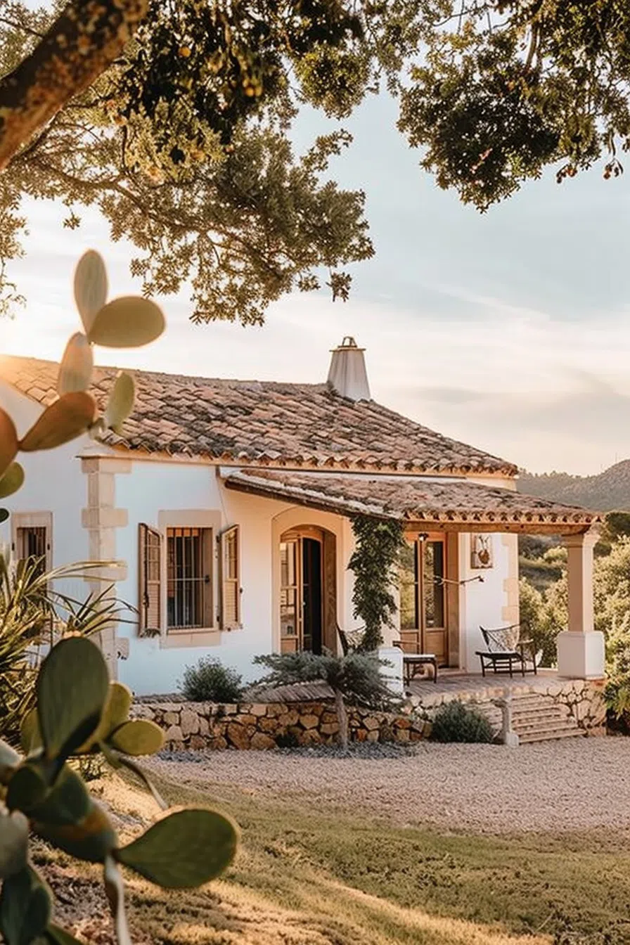 Charming country house with white walls and a tiled roof, surrounded by greenery and warm sunlight filtering through the trees.
