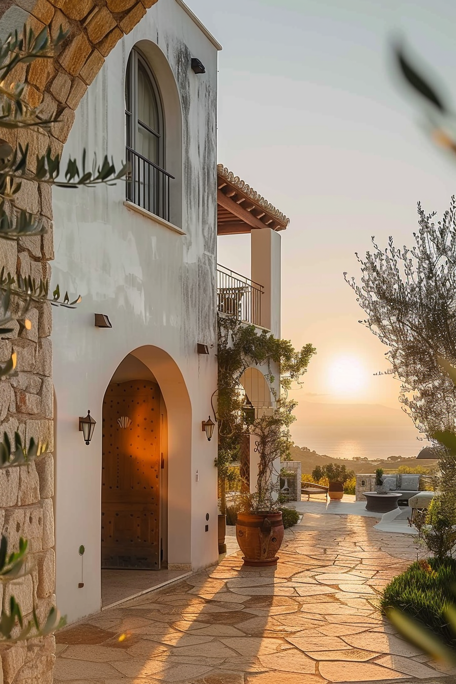 ALT: Sunset view over the sea from a rustic stone pathway leading to an elegant white villa with arched doorway and terracotta details.