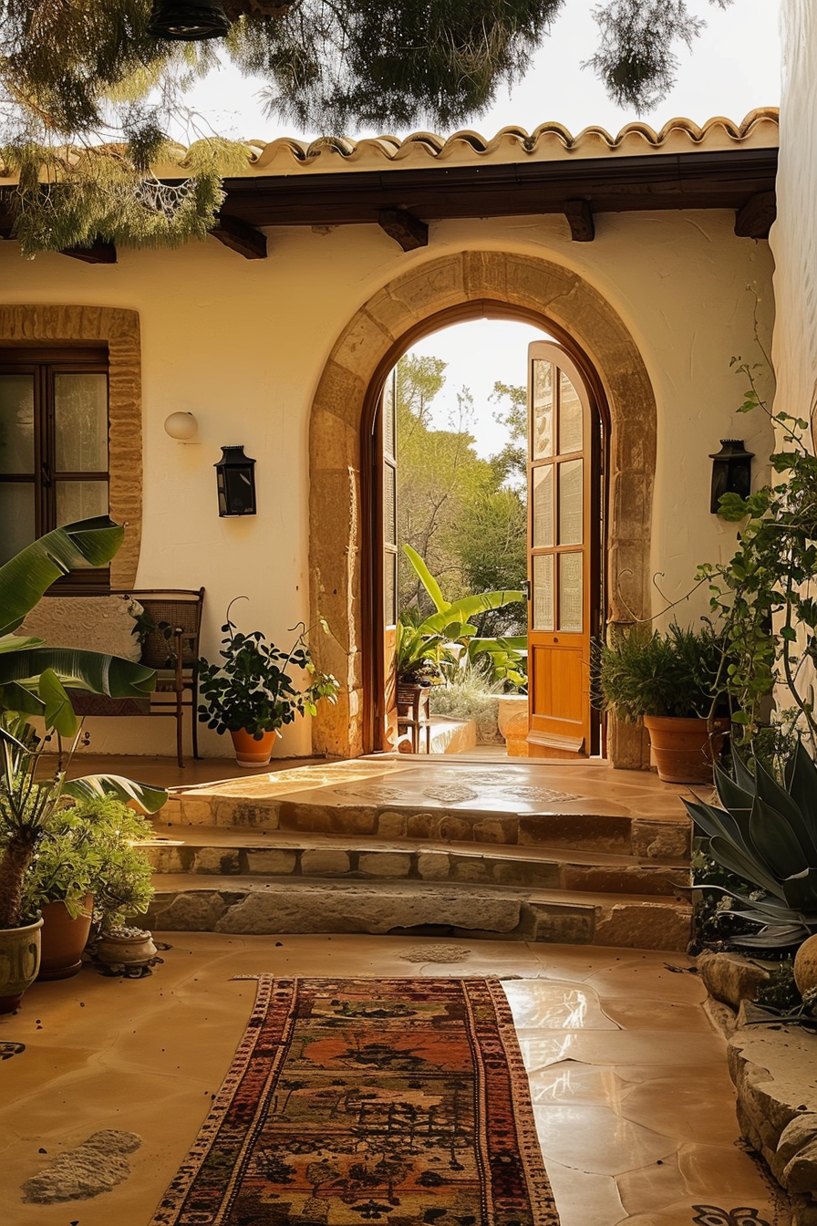 A warm, sunlit entryway with a stone arch leading to an open door, surrounded by potted green plants and a patterned rug on the floor.