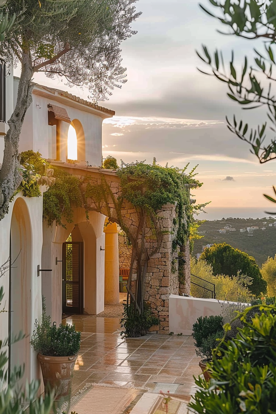 Sunlight streams through an archway of a Mediterranean-style villa, surrounded by lush greenery and overlooking a scenic landscape.