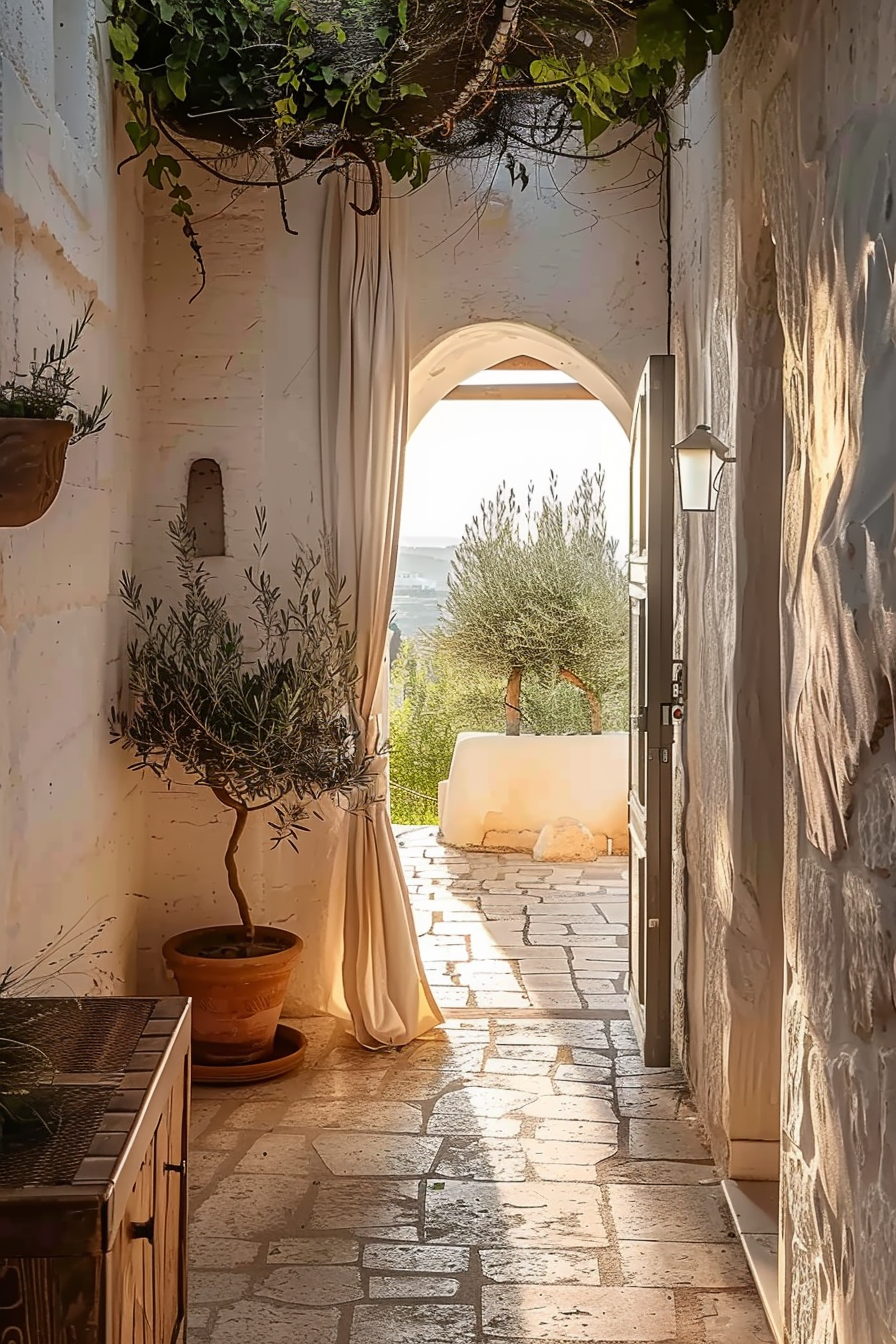 Sunlit archway leading to an outdoor landscape, with potted plants and a draped curtain on a stone-walled corridor.