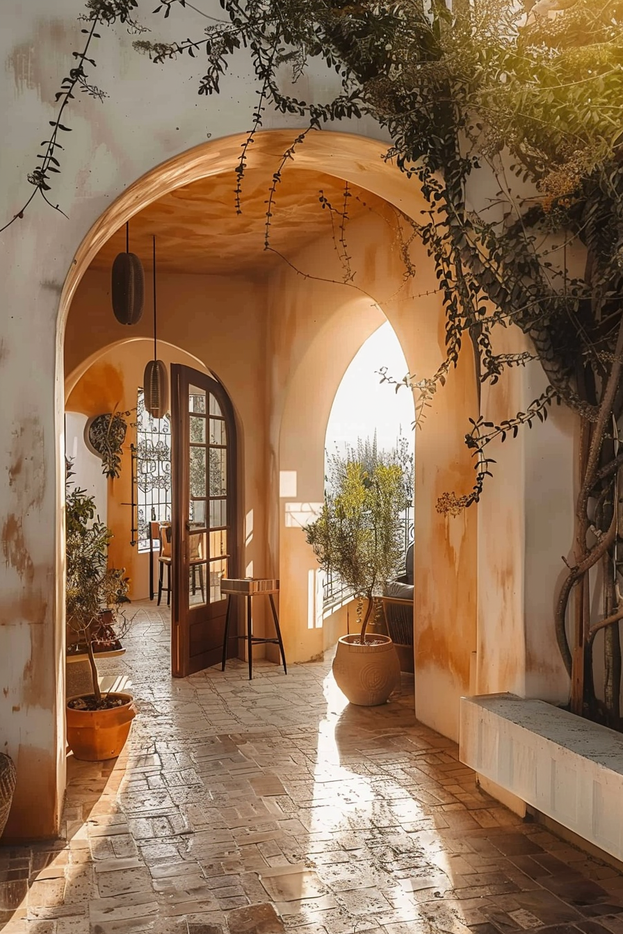 Sunlit arched corridor with plants and rustic decor, leading to an outdoor view.
