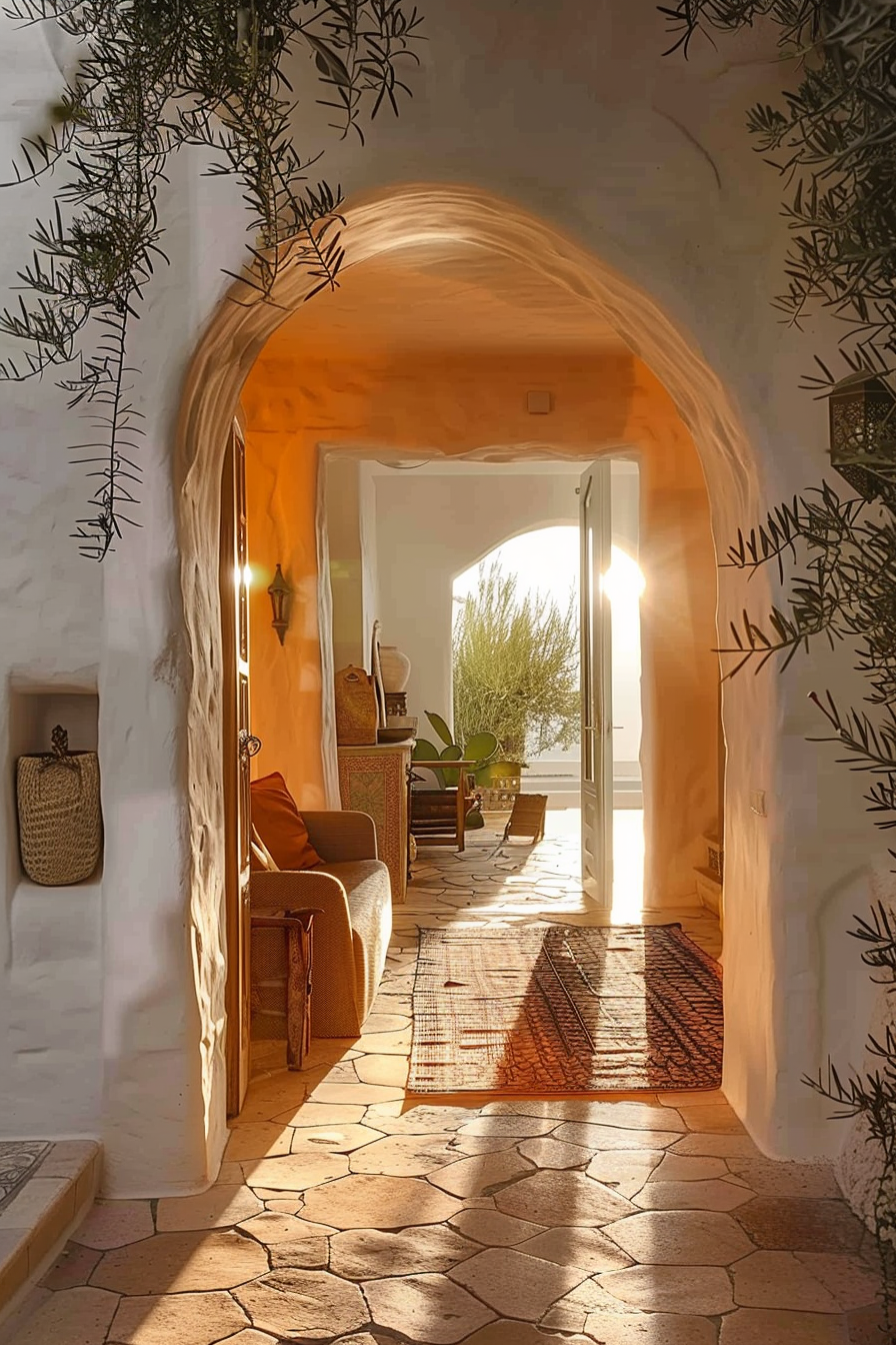 ALT: Cozy interior with warm sunlight streaming through an arched doorway, highlighting terracotta tiles and rustic, woven decor.