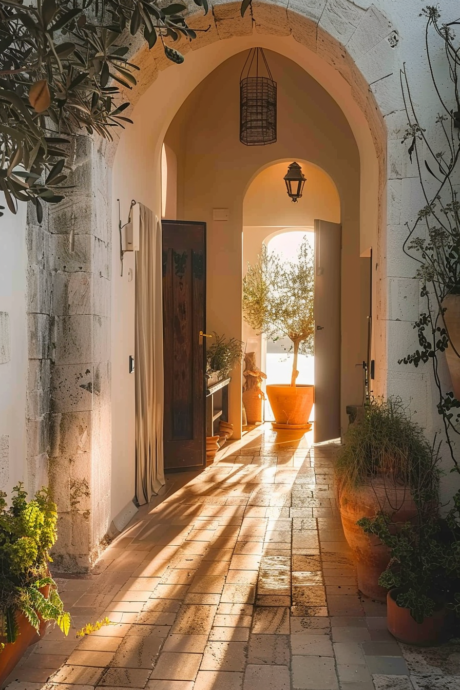 Sunlight streaming through an archway onto a tiled corridor lined with plants and terracotta pots, creating a warm, inviting atmosphere.