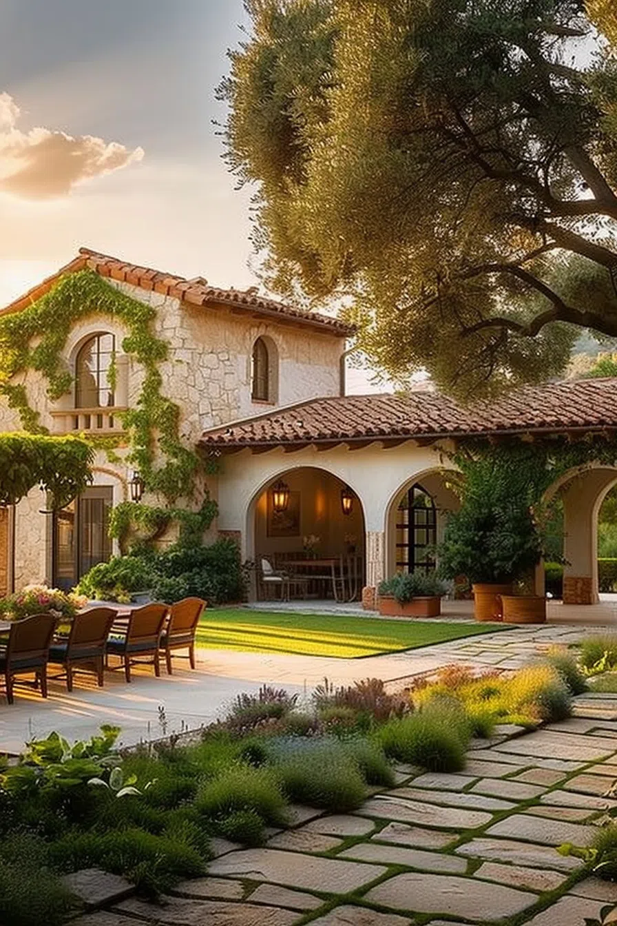 "Charming stone villa with a tiled roof, ivy-covered walls, and a covered terrace, surrounded by lush gardens and a cobblestone pathway."