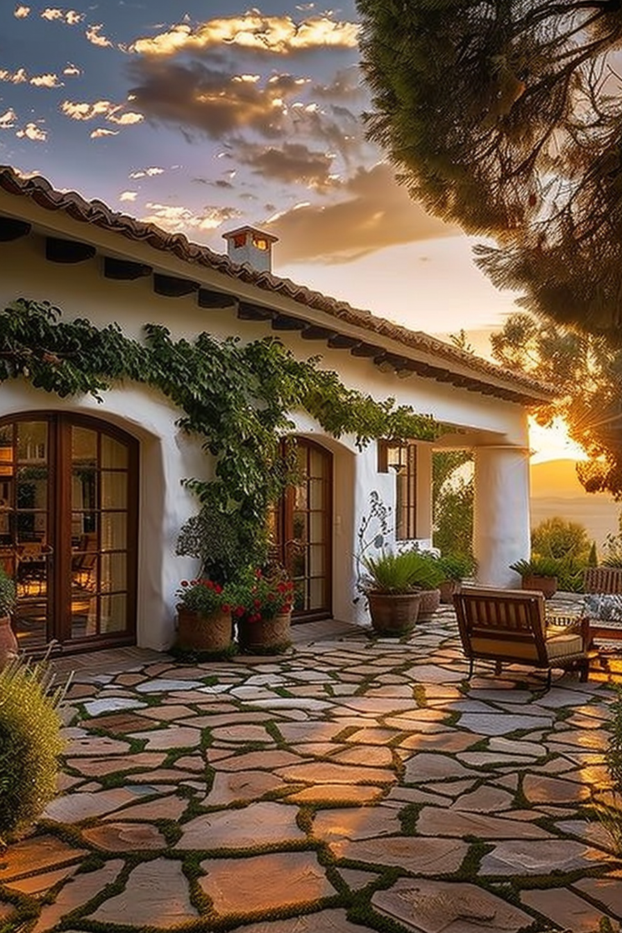 Sunset over a rustic patio with cobblestone pathway, potted plants, and a wooden bench. Warm light filters through the trees.