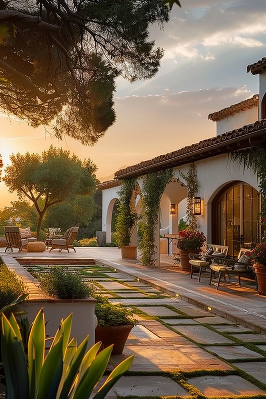 Mediterranean-style villa terrace at sunset with outdoor furniture, potted plants, and stone path amidst lush greenery.