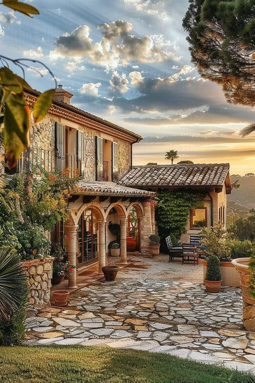 ALT: A traditional stone house with a terracotta roof, arched colonnade, and a paved courtyard, set against a backdrop of a cloudy sky at sunset.