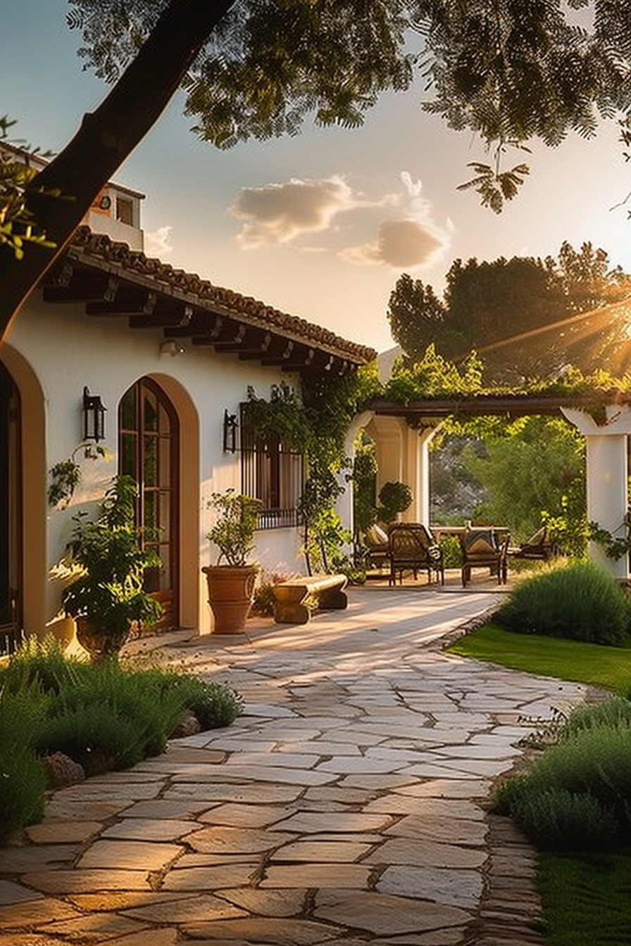 Sunlight filters through trees onto a serene Spanish-style courtyard with terracotta pots and a paved walkway.