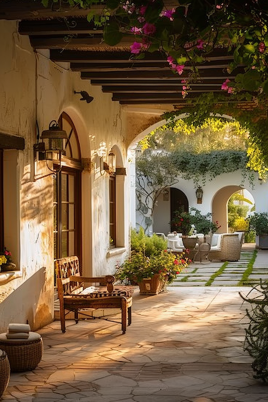 Warm sunlight bathes a tranquil courtyard with a wooden bench, potted plants, and hanging lanterns, creating a serene outdoor space.