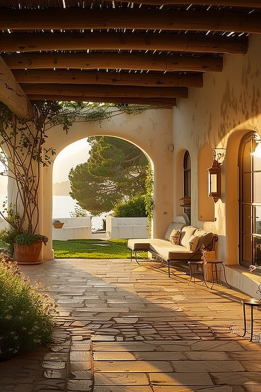 ALT text: Warm sunlight bathes a serene patio with a stone path leading to an archway overlooking trees and a calm sea in the distance.