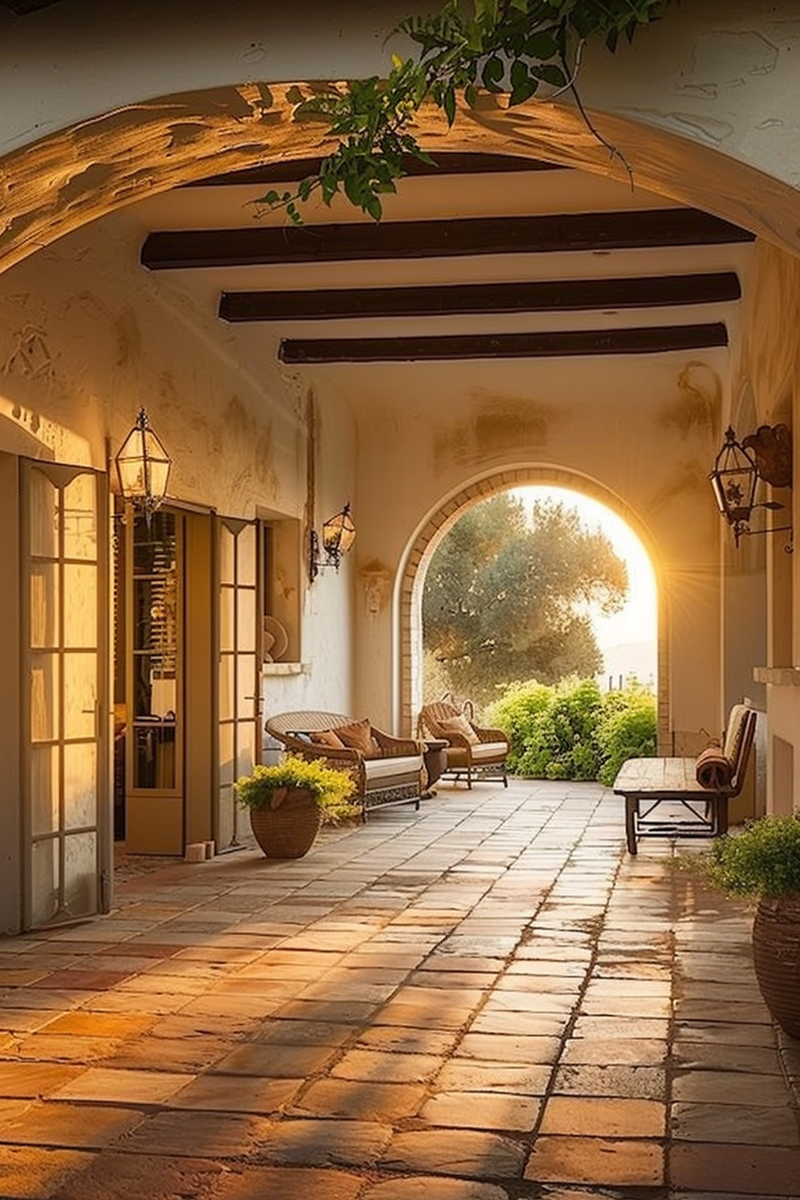 Archway of a Mediterranean-style villa with warm sunlight, outdoor furniture, hanging lanterns, and green foliage.