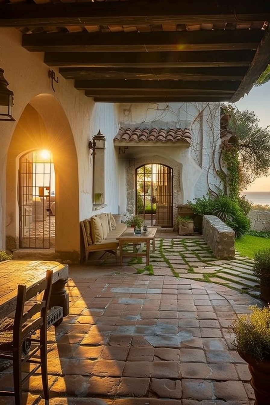 Cozy outdoor patio with stone flooring, archways, wooden benches, and warm sunset light filtering through an open door.