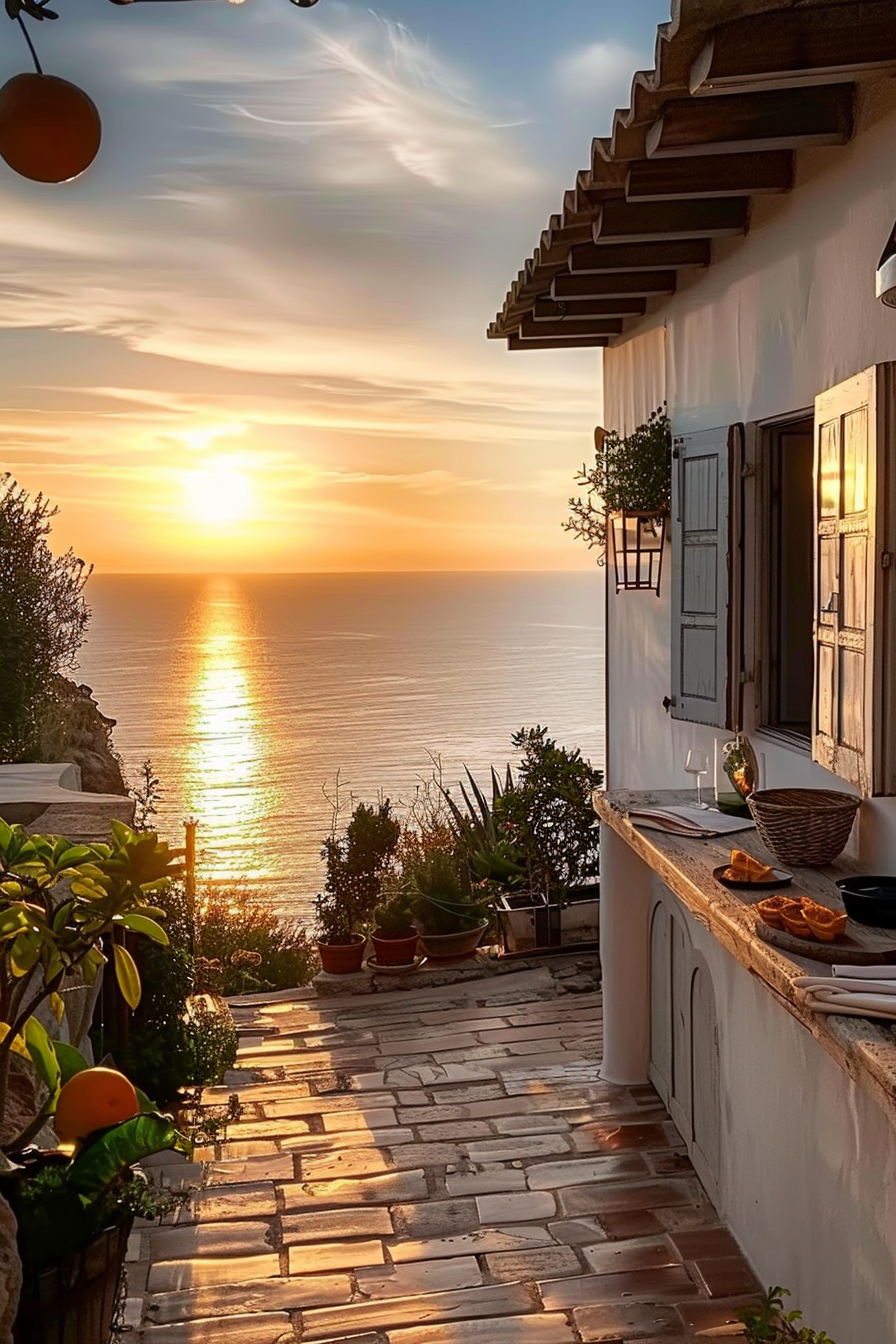 Quaint seaside balcony with open shutters, potted plants, and a serene sunset over the ocean.