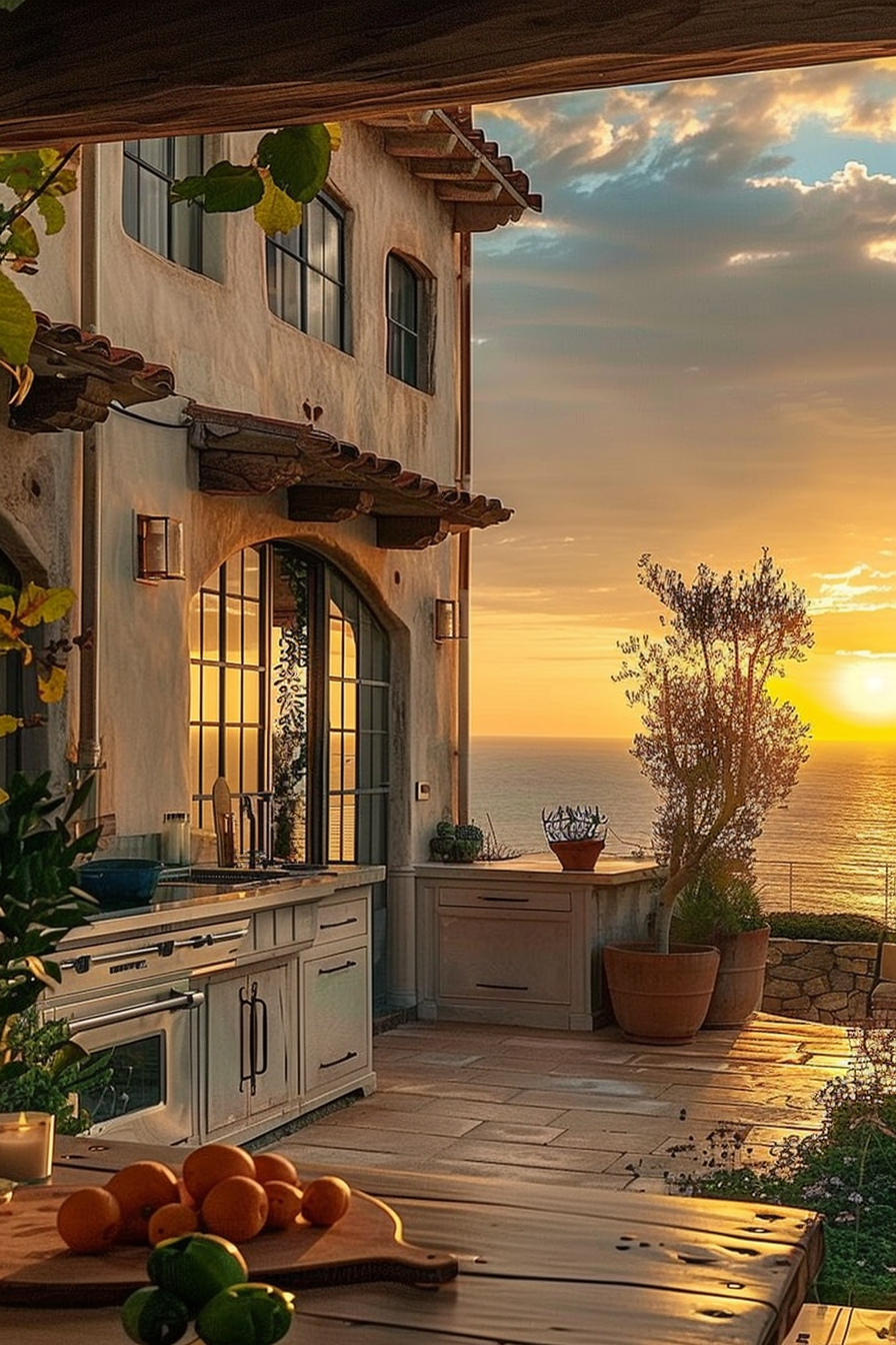 ALT Text: "Outdoor kitchen on a terrace with ocean view during sunset, featuring a stove, cabinets, and fresh fruit on a wooden board."