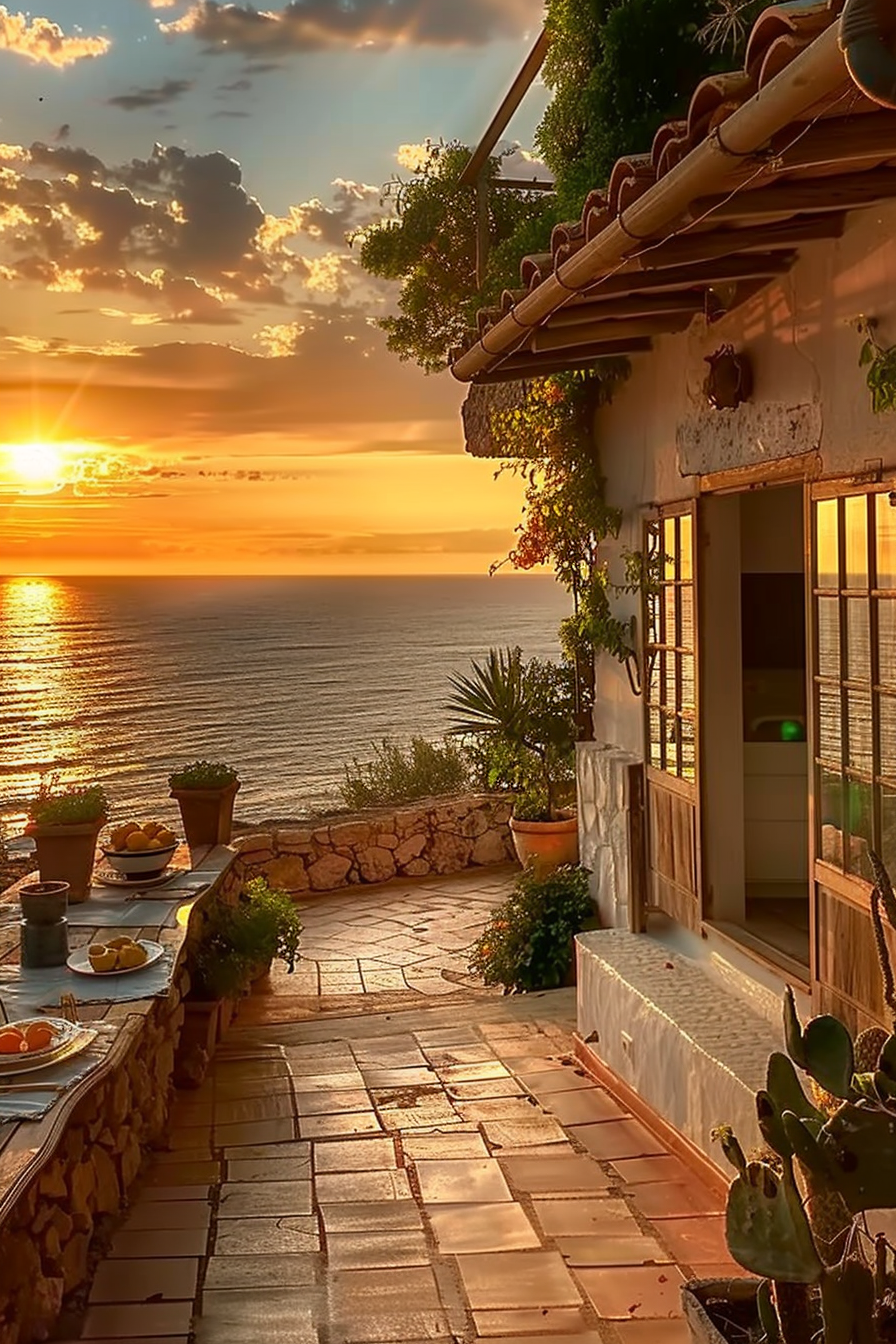 ALT: Cozy seaside terrace with potted plants at sunset, overlooking the ocean with a warm golden sky and scattered clouds above.