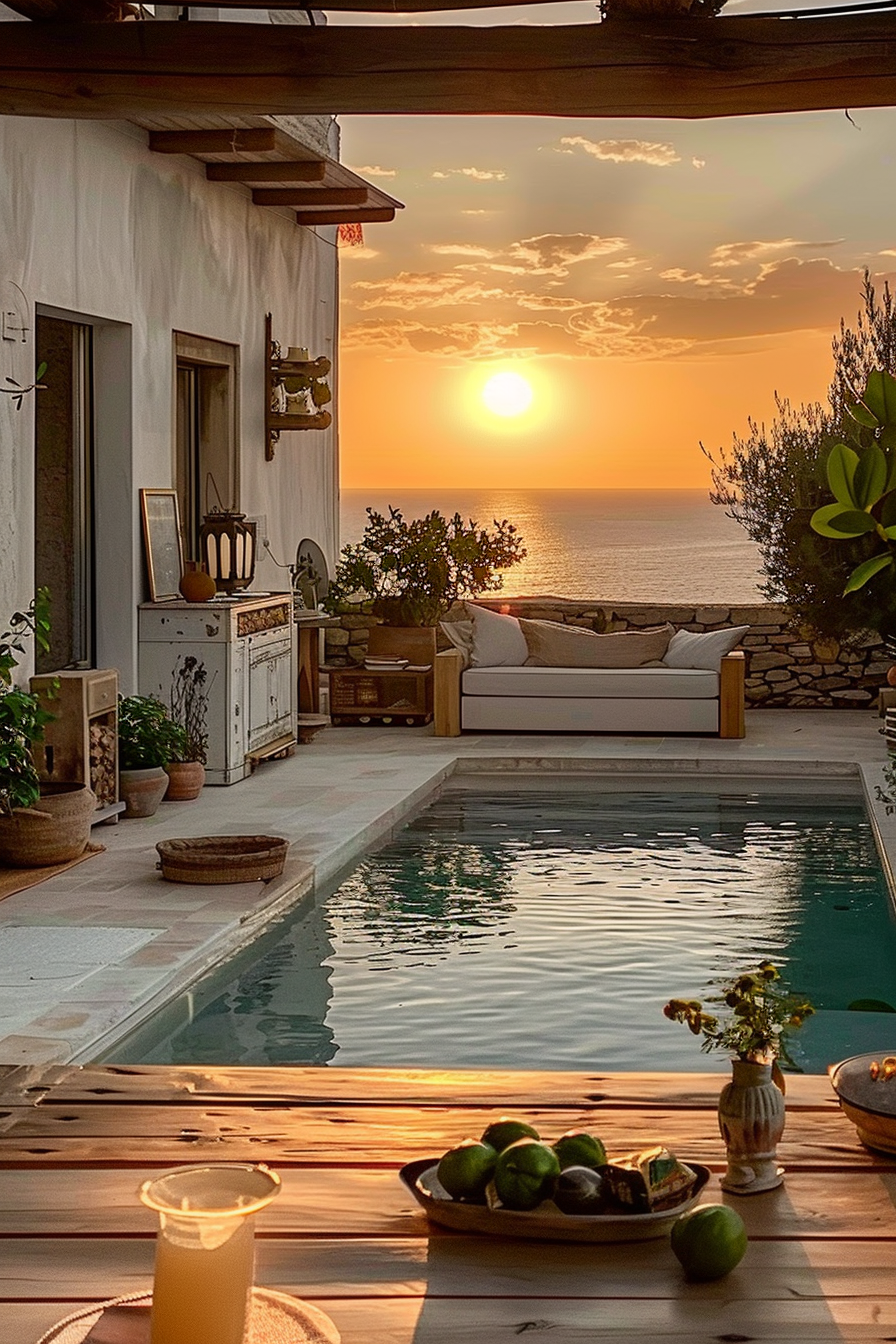 ALT: Sunset view over the ocean from a luxurious patio with a pool, comfortable seating, and decorative plants.