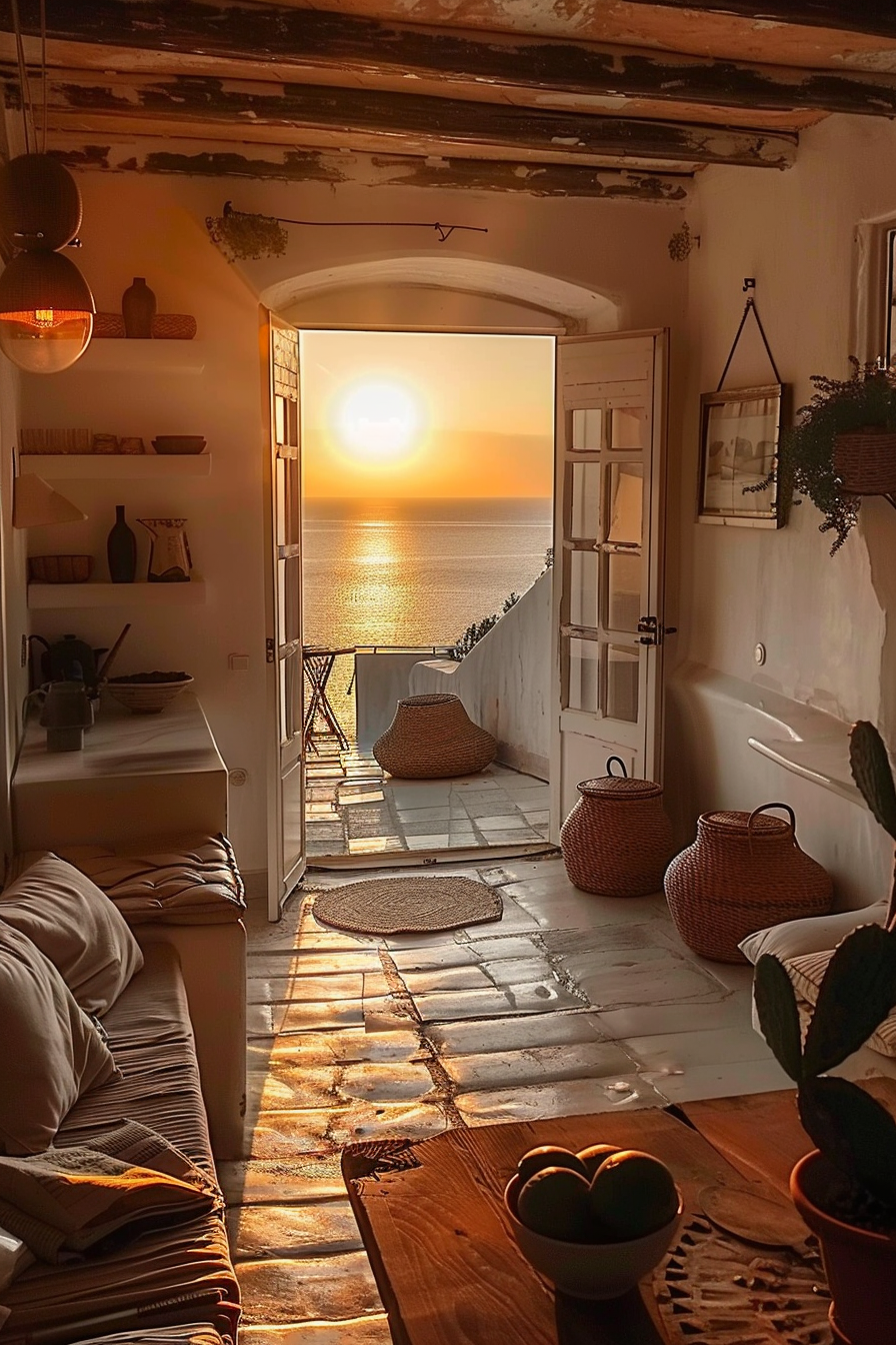Cozy interior with rustic decor leading to an open door with a view of a sunset over the sea.
