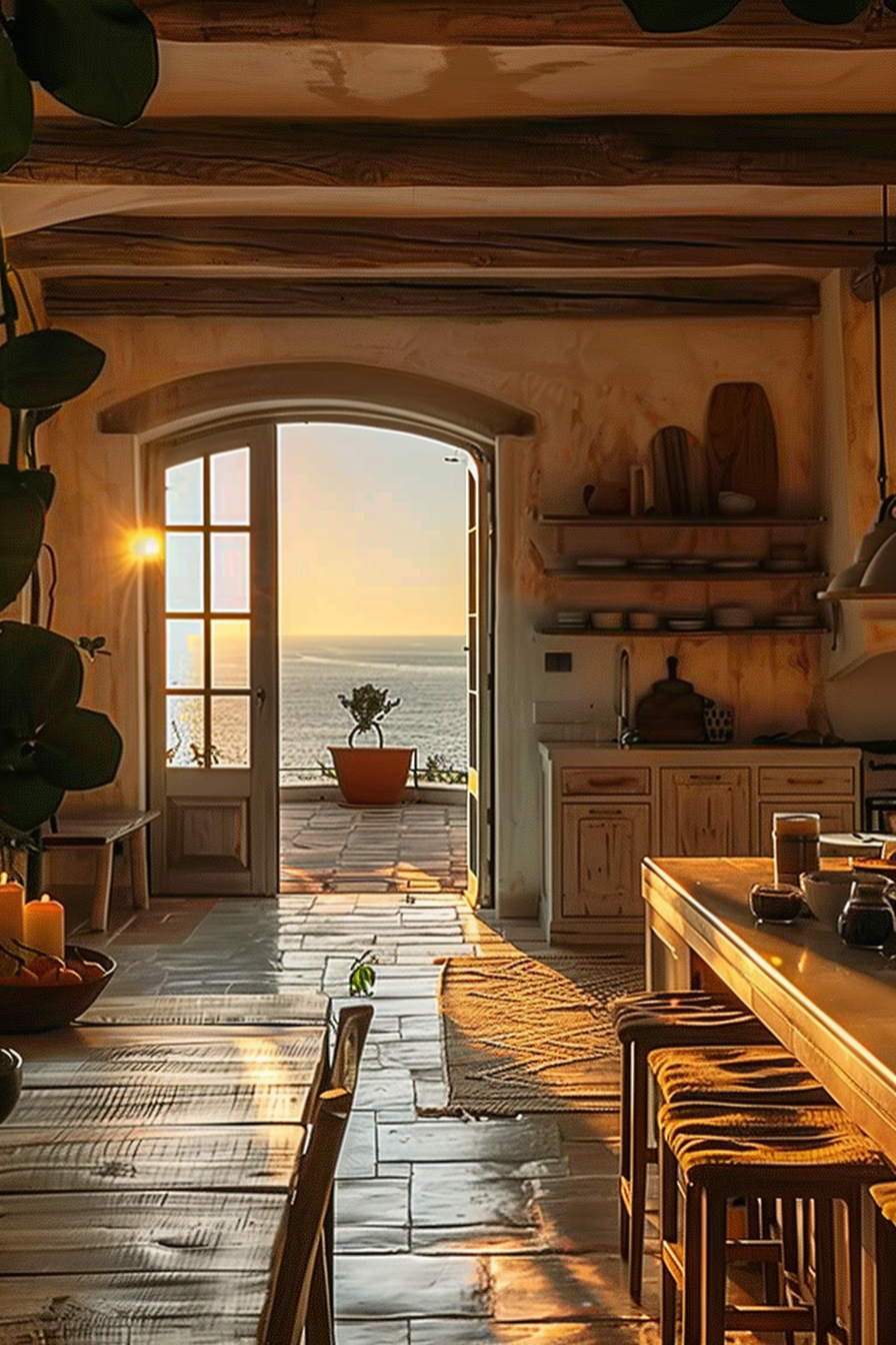 Cozy rustic kitchen interior with open door leading to the sea during sunset, warm lighting, and plants.